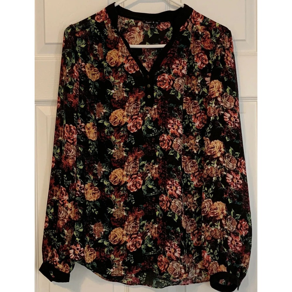 Sami and Jo Top Blouse Popover Black Floral Shirt Size Small Chiffon